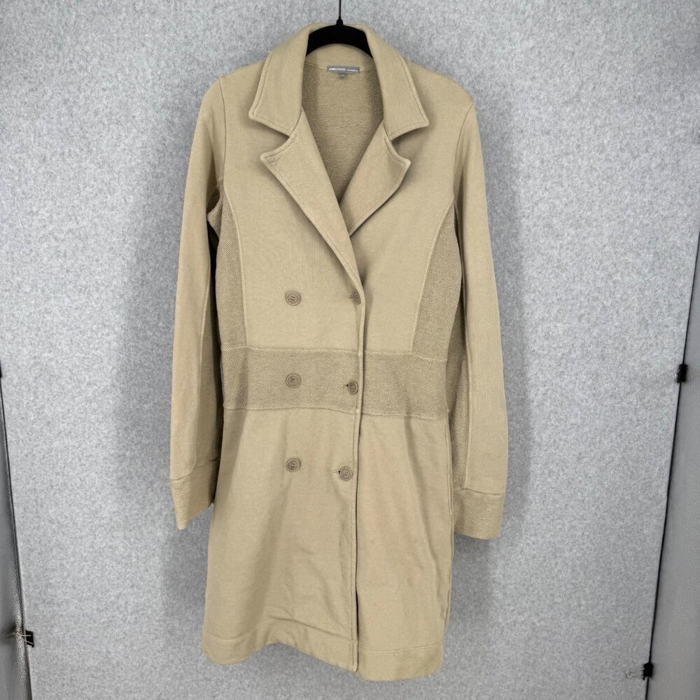 James Perse Womens French Terry Double Breasted Trench Coat Size M Tan Beige